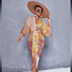 Floral & Paisley Print V Neck Batwing Sleeve Dress